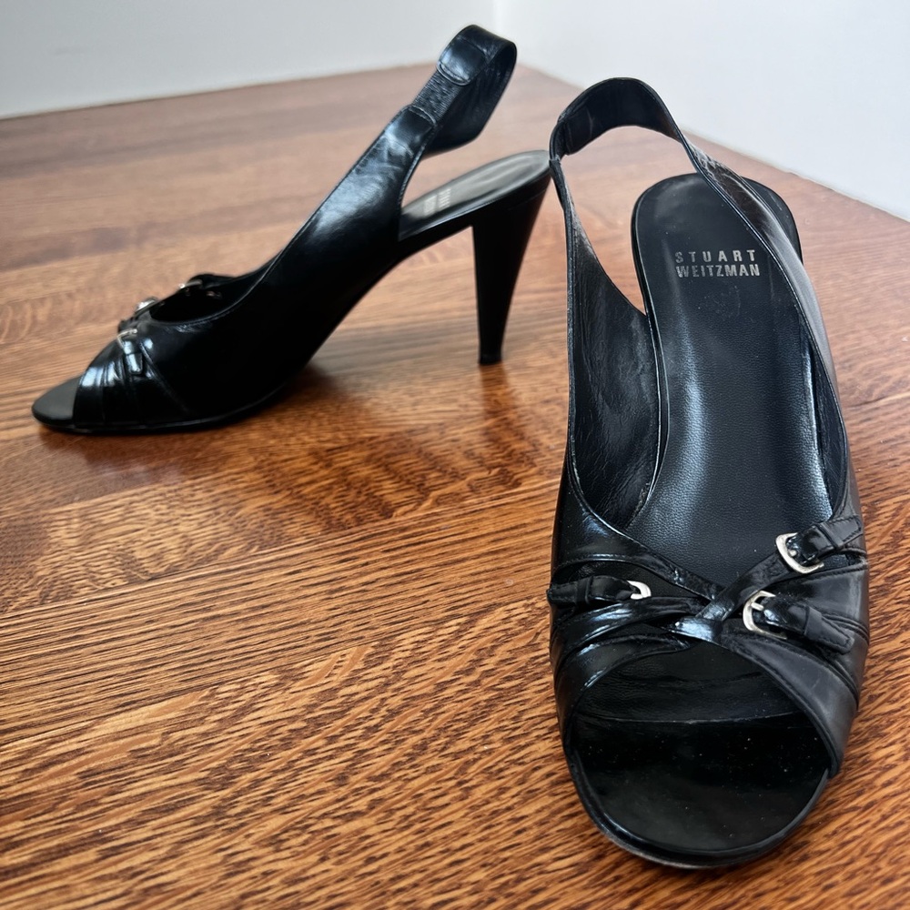 STUART WEITZMAN Black Leather Slingback Kitten Heels‎ Peep Toe Pumps Braided 7